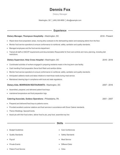 Dietary Manager Resume