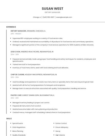 Dietary Manager Resume