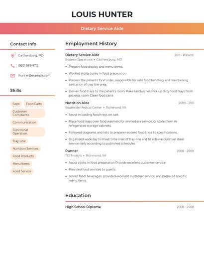 Dietary Service Aide Resume