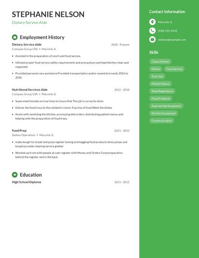 Dietary Service Aide Resume