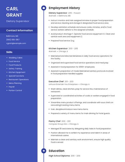 Dietary Supervisor Resume