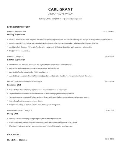 Dietary Supervisor Resume