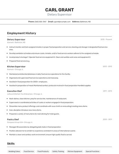 Dietary Supervisor Resume