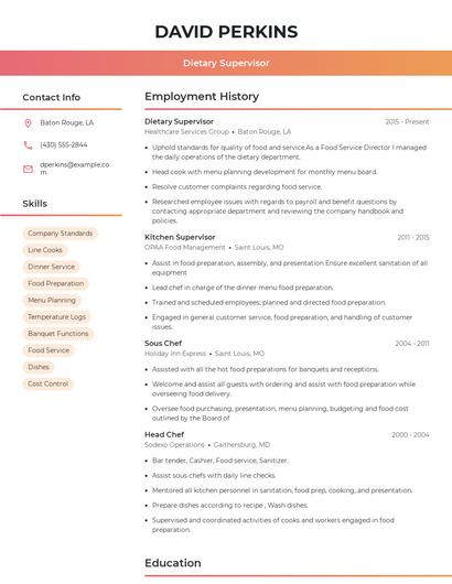 Dietary Supervisor Resume