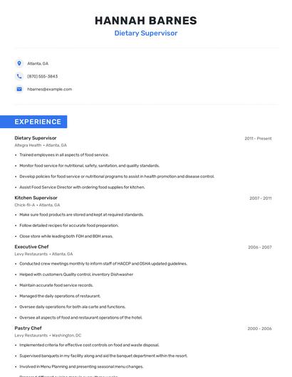 Dietary Supervisor Resume