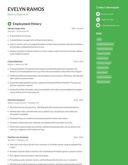 Dietary Supervisor Resume