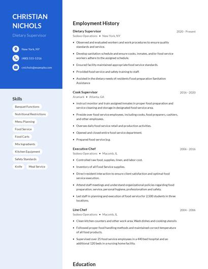 Dietary Supervisor Resume