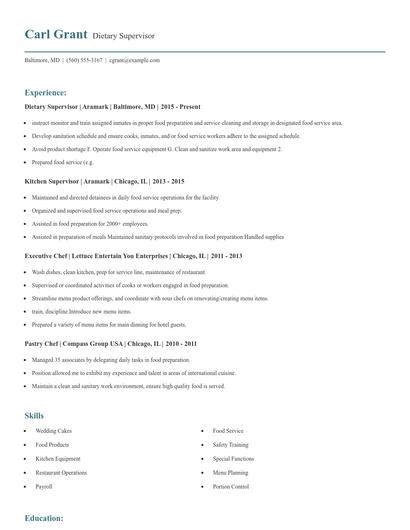Dietary Supervisor Resume