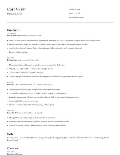 Dietary Supervisor Resume