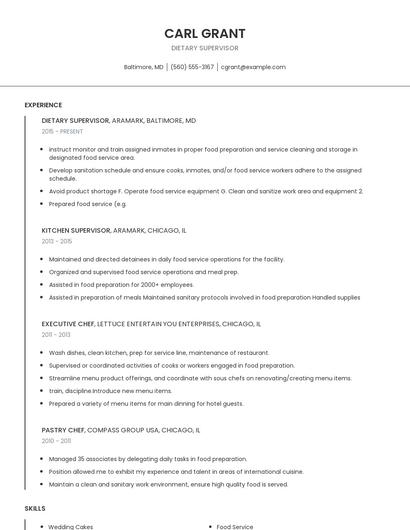 Dietary Supervisor Resume