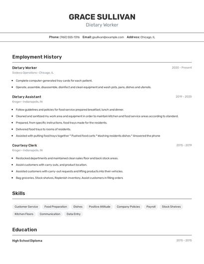 Dietary Worker Resume