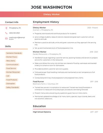 Dietary Worker Resume