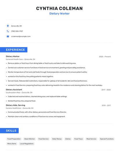 Dietary Worker Resume