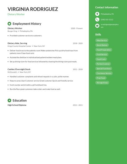 Dietary Worker Resume