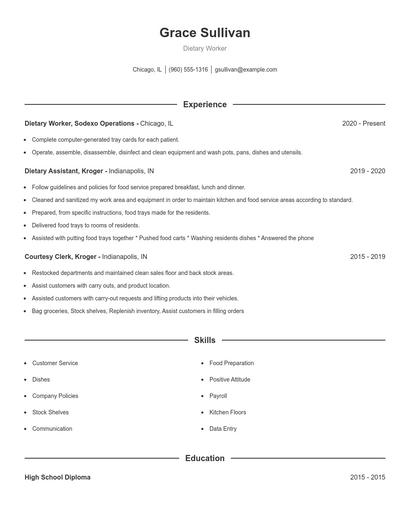 Dietary Worker Resume