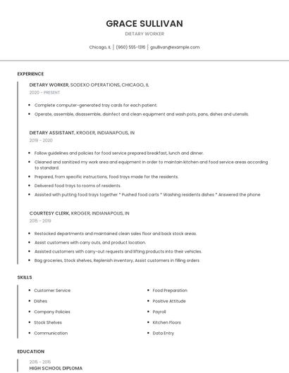 Dietary Worker Resume