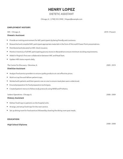 Dietetic Assistant Resume
