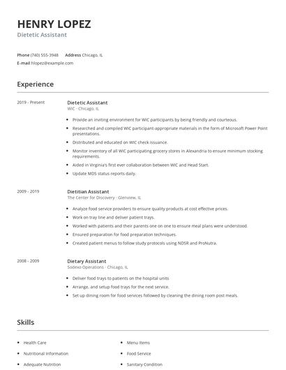 Dietetic Assistant Resume