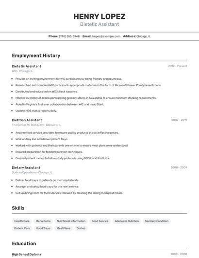 Dietetic Assistant Resume