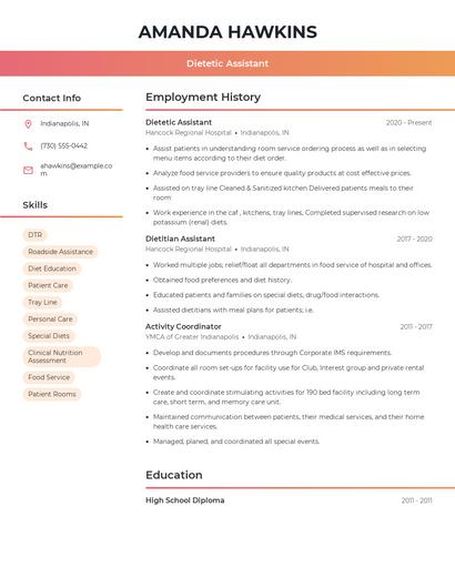 Dietetic Assistant Resume