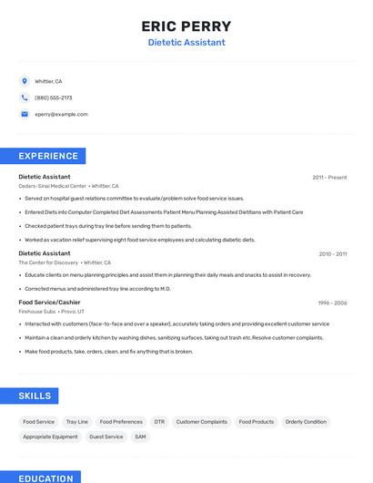 Dietetic Assistant Resume