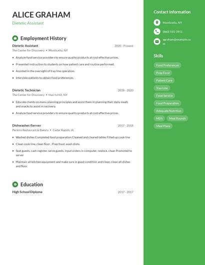 Dietetic Assistant Resume