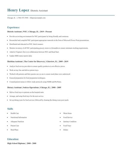Dietetic Assistant Resume
