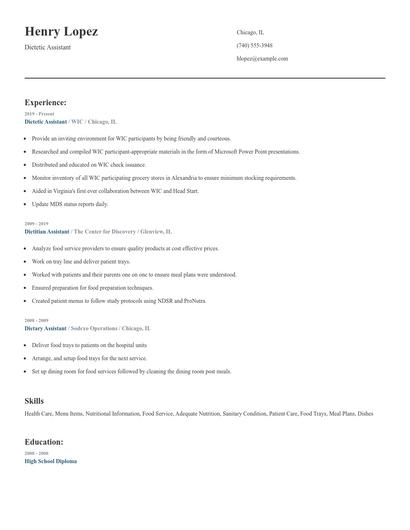 Dietetic Assistant Resume