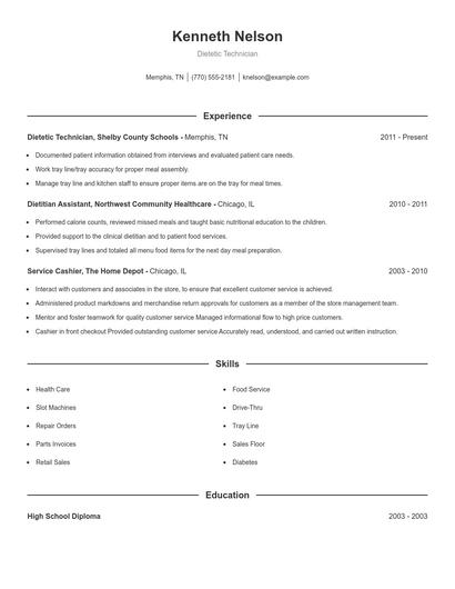 Dietetic Technician Resume