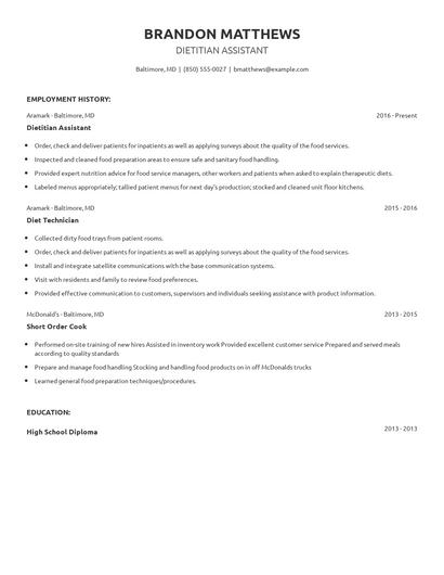 Dietitian Assistant Resume