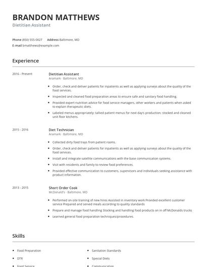 Dietitian Assistant Resume