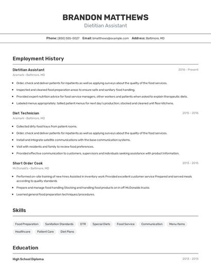 Dietitian Assistant Resume