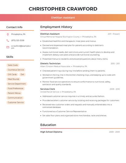 Dietitian Assistant Resume