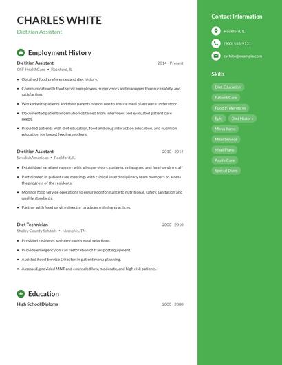 Dietitian Assistant Resume