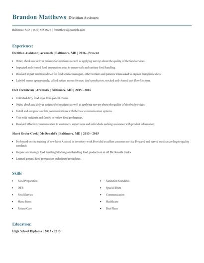 Dietitian Assistant Resume