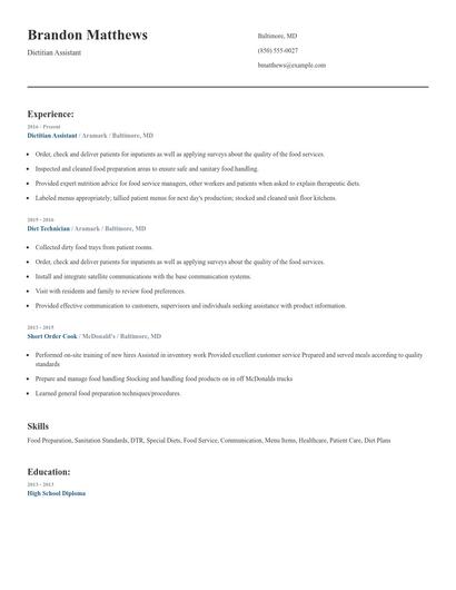 Dietitian Assistant Resume