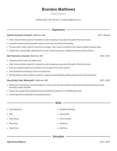 Dietitian Assistant Resume