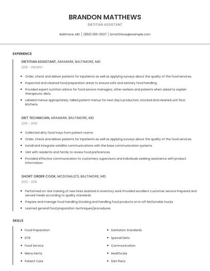 Dietitian Assistant Resume