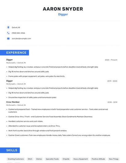 Digger Resume