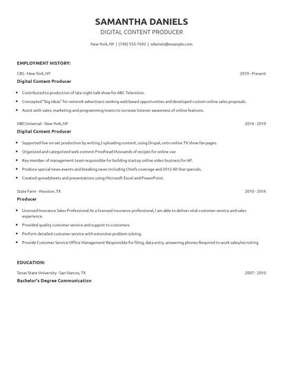 Digital Content Producer Resume