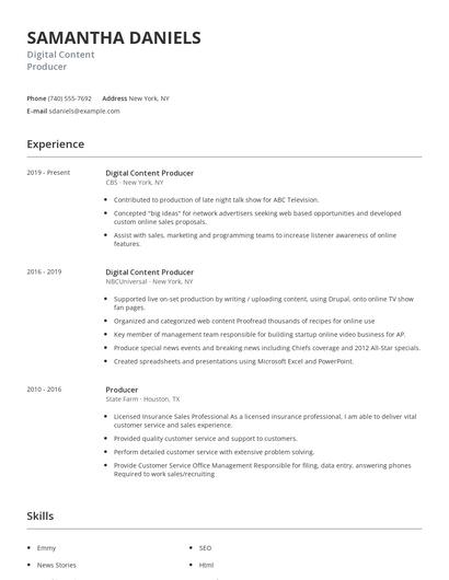 Digital Content Producer Resume