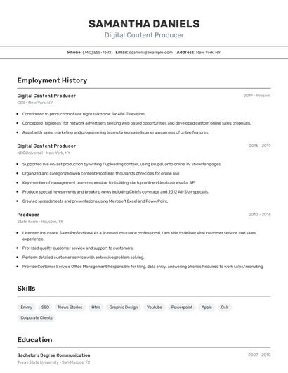 Digital Content Producer Resume