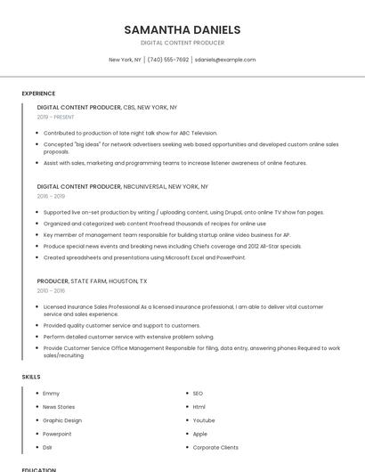 Digital Content Producer Resume