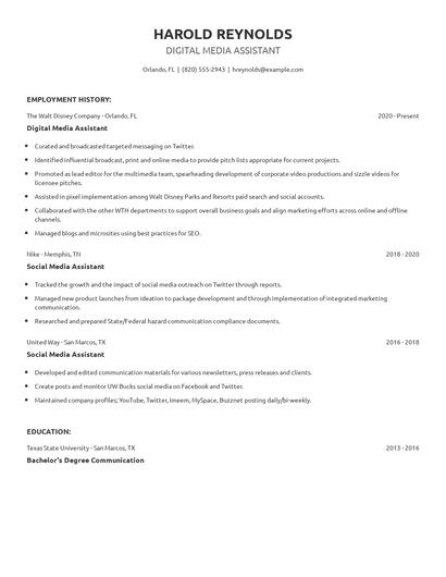 Digital Media Assistant Resume