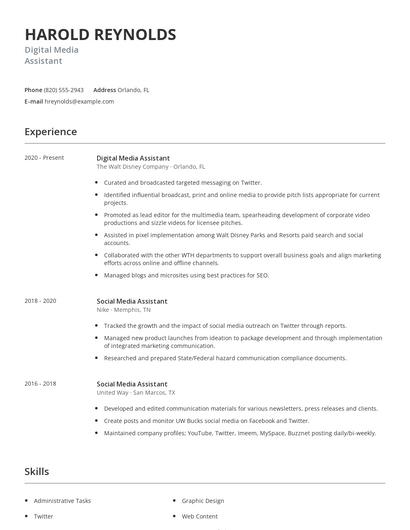 Digital Media Assistant Resume