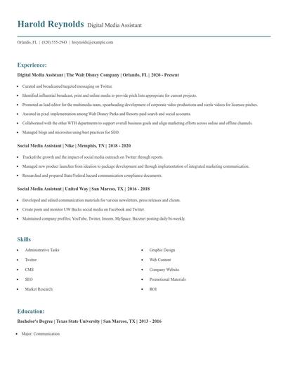 Digital Media Assistant Resume