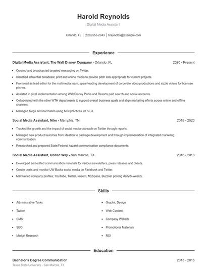 Digital Media Assistant Resume