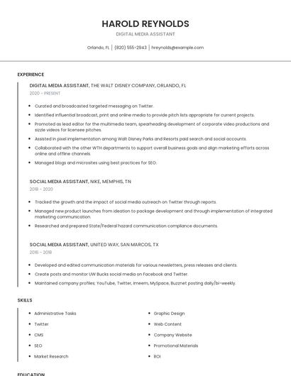 Digital Media Assistant Resume