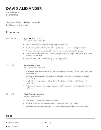 Digital Media Coordinator Resume