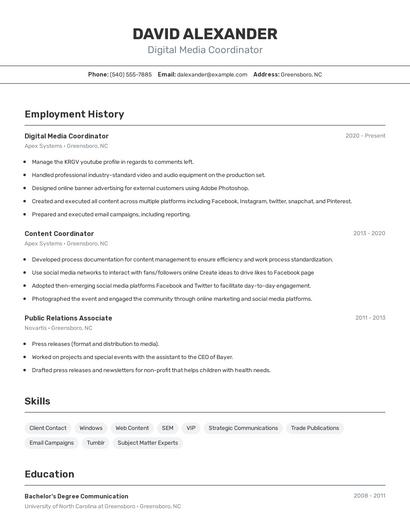 Digital Media Coordinator Resume
